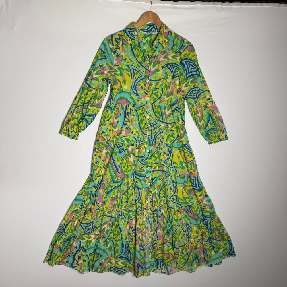 Zara Womens XS Psychedelic Abstract Print Tiered Midi Shirt Dress Green Multi